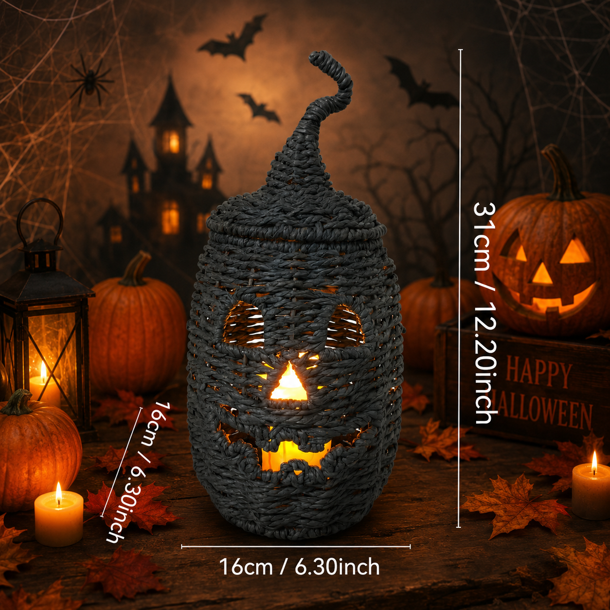 Rustic Wicker Pumpkin Candle Holder - Handwoven Jack-O’-Lantern Halloween Porch Decor