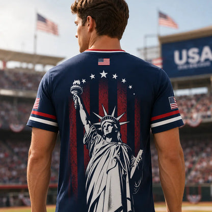 🇺🇸 USA Liberty Soccer Jersey – Patriotic American Flag V-Neck Football Shirt | Red White Blue Statue of Liberty Fan Jersey for Men & Women