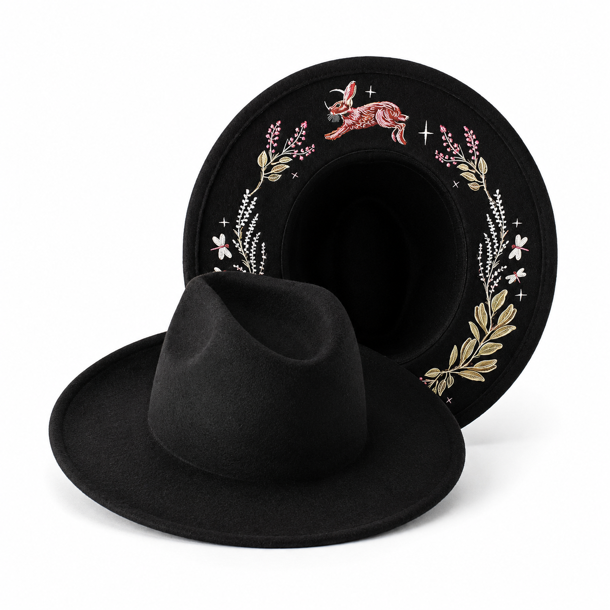 🌙 Embroidered Underbrim Wide-Brim Felt Hat – Gothic Mystic Art ✨