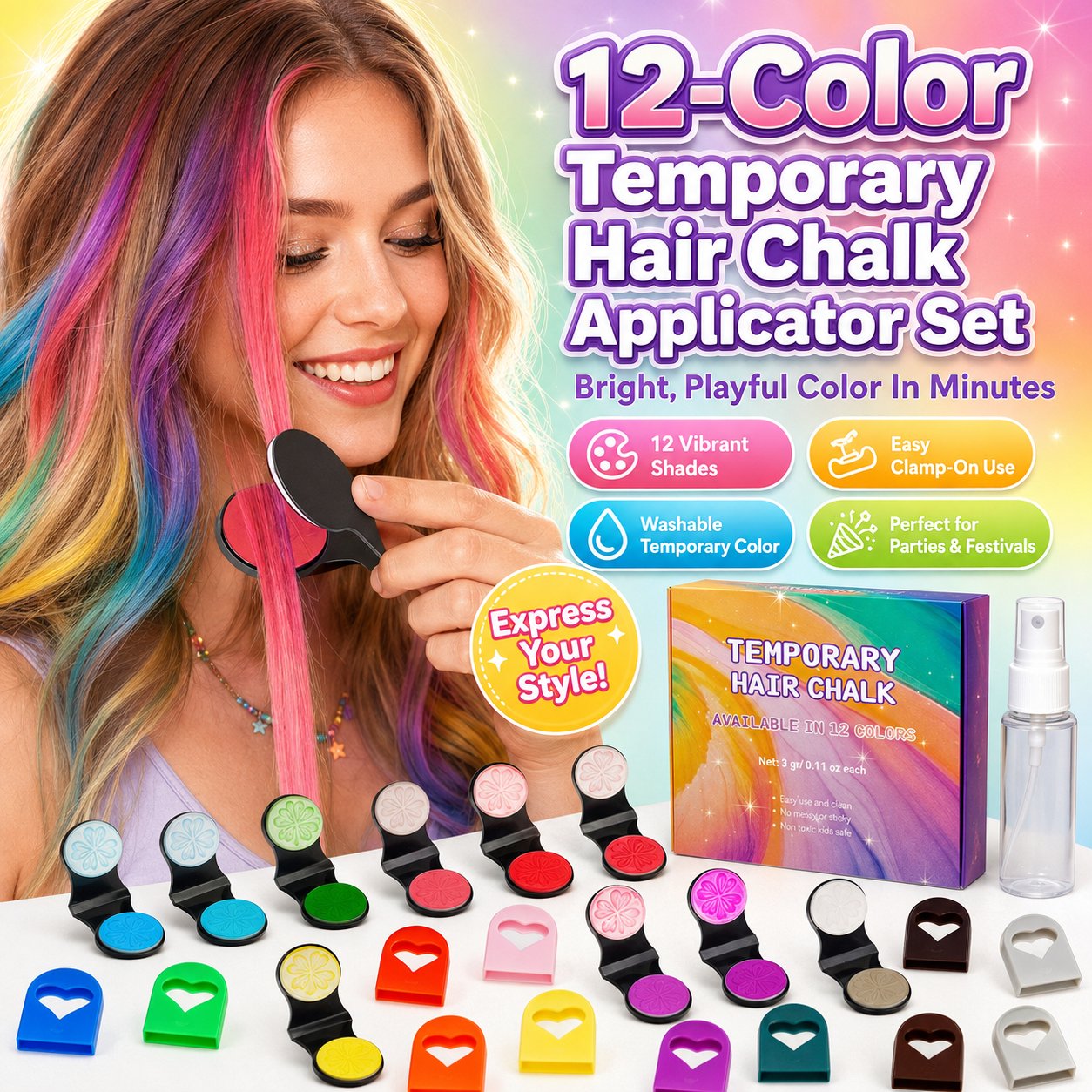 🔥  🌈 12-Color Temporary Hair Chalk Set with Applicators