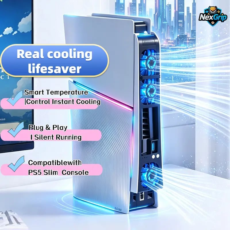 PS5 Slim Cooling Fan with LED‐Light | Plug‐Play External Cooler