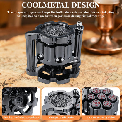 7PCS Metal Revolver Dice Set - Bullet-Design Polyhedral Game Pieces with Industrial Look, Premium Accessory for Tabletop Play RPG Games, Gift for Players