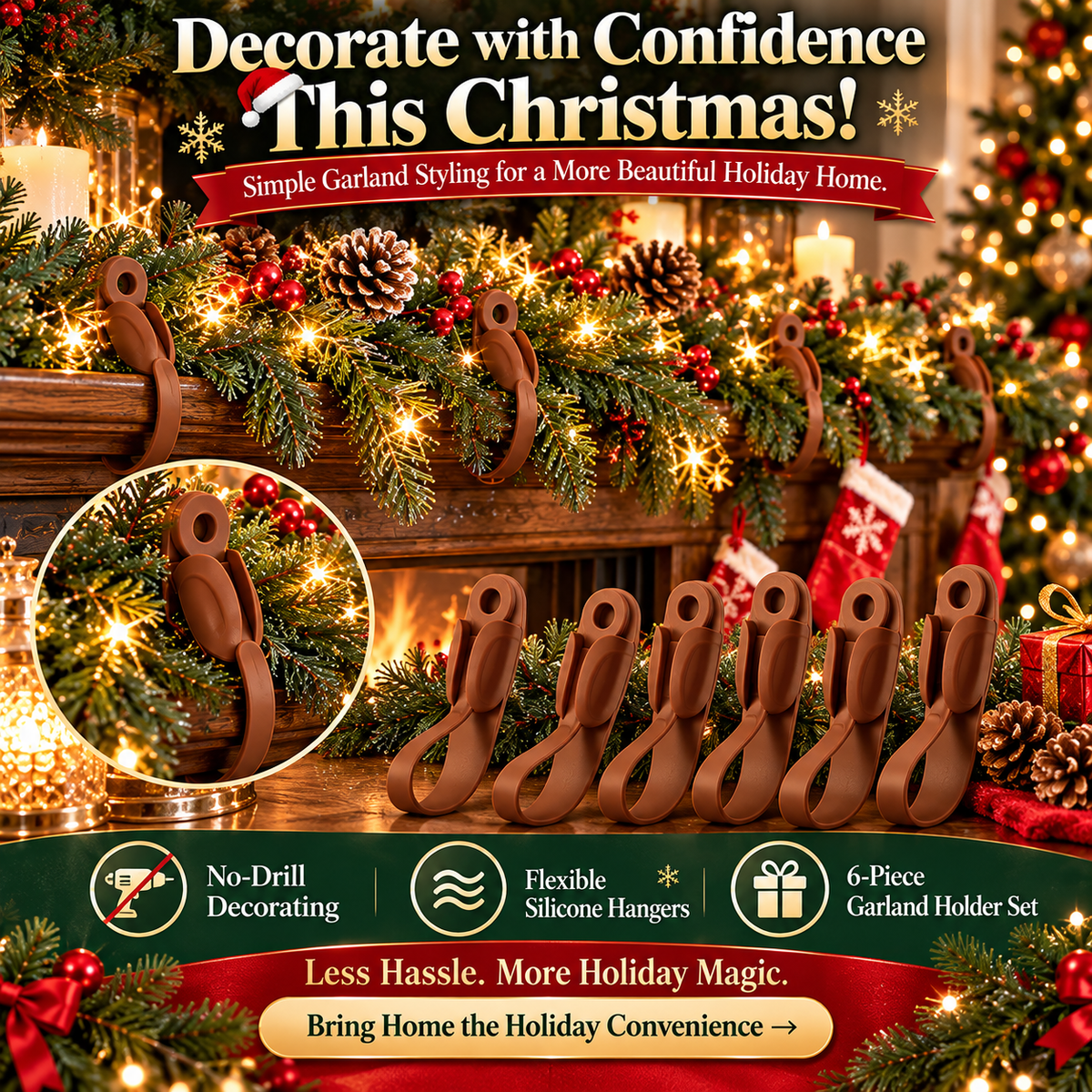 🎄 6-Pack Christmas Garland Hanger Clips – No-Drill Adhesive Silicone Holders for Mantels, Staircases & Holiday Decor