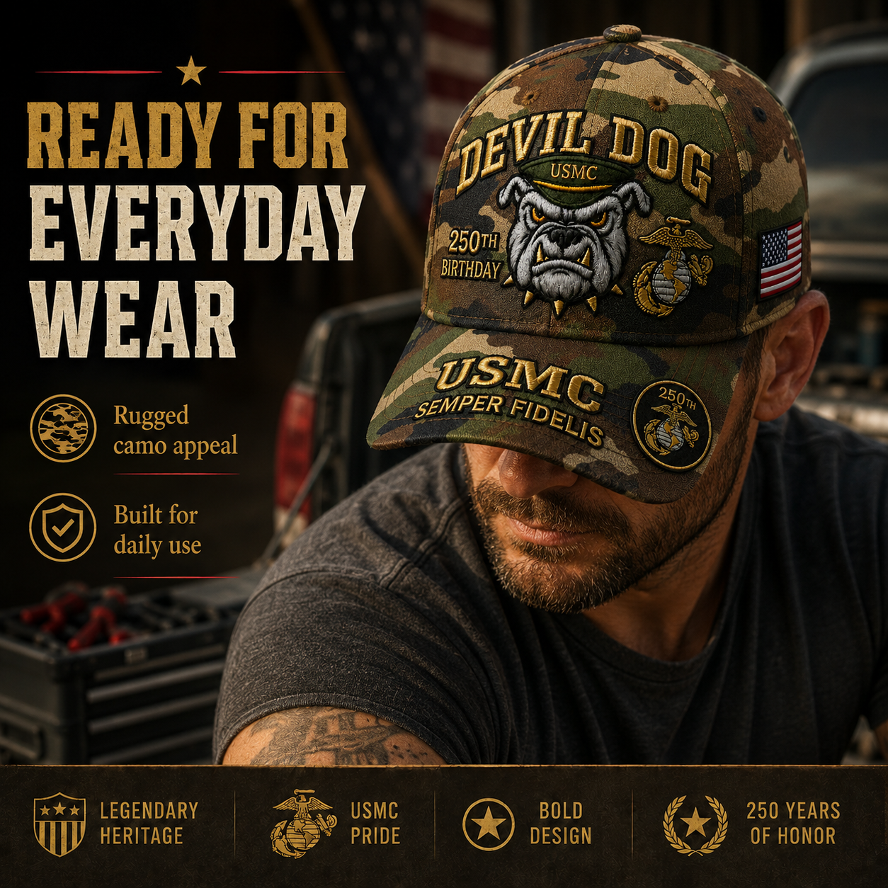 Handmade Embroidered Devil Dog USMC 250th Birthday Commemorative Cap 🇺🇸(🔥Buy 2 FREE SHIPPING)