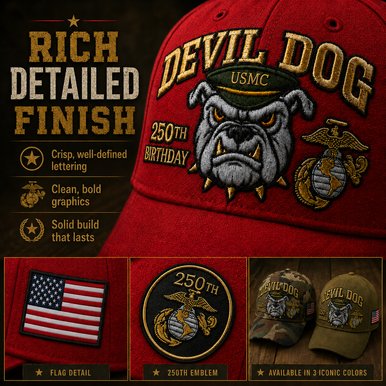 Handmade Embroidered Devil Dog USMC 250th Birthday Commemorative Cap 🇺🇸(🔥Buy 2 FREE SHIPPING)