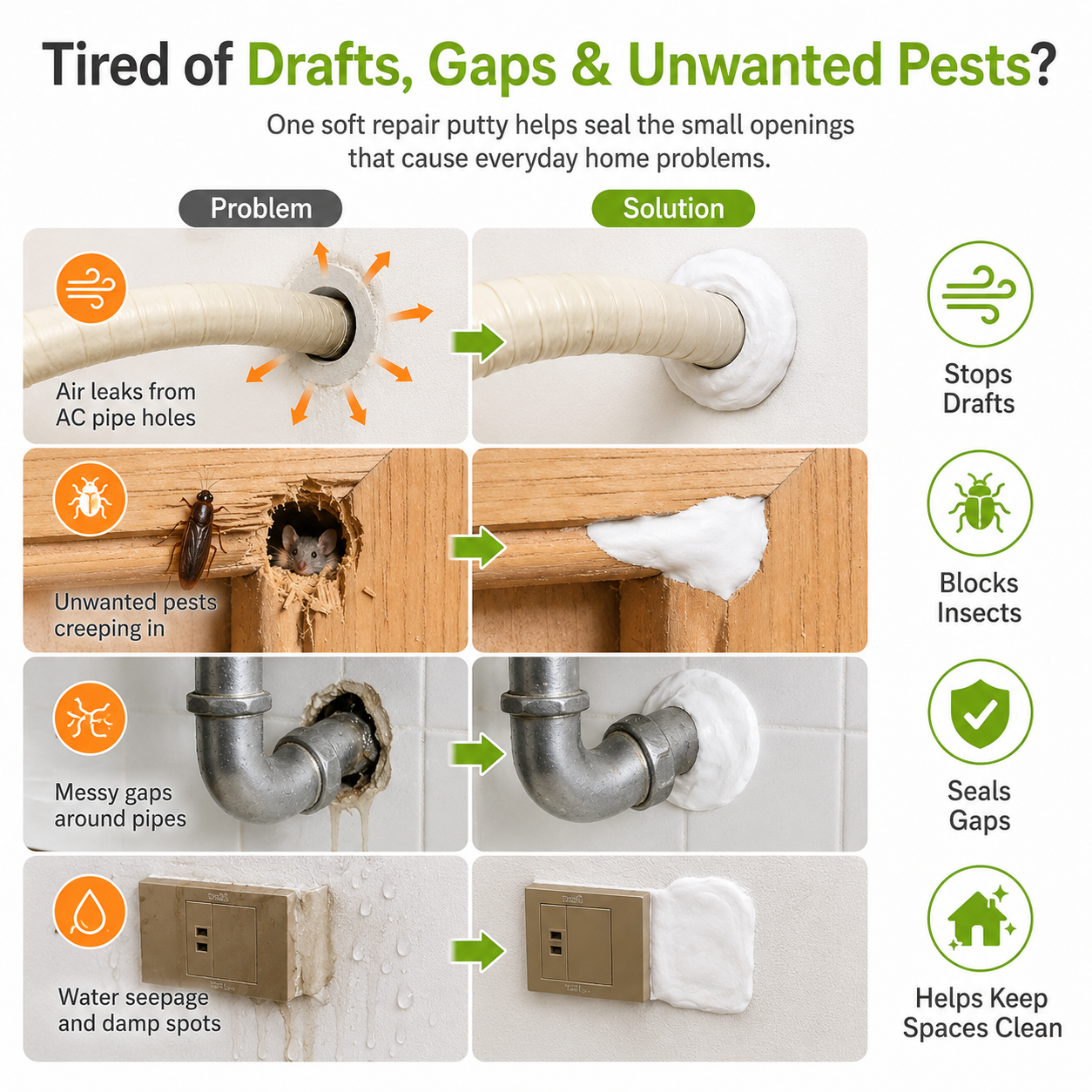 🏠 10-Pack Moldable Sealant Putty – Seal Gaps, Block Pests & Stop Drafts