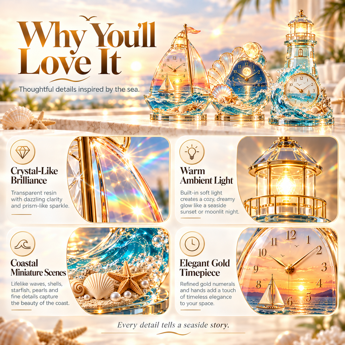 🌊 Coastal Glow Crystal Clock Collection | Sailboat, Shell & Lighthouse