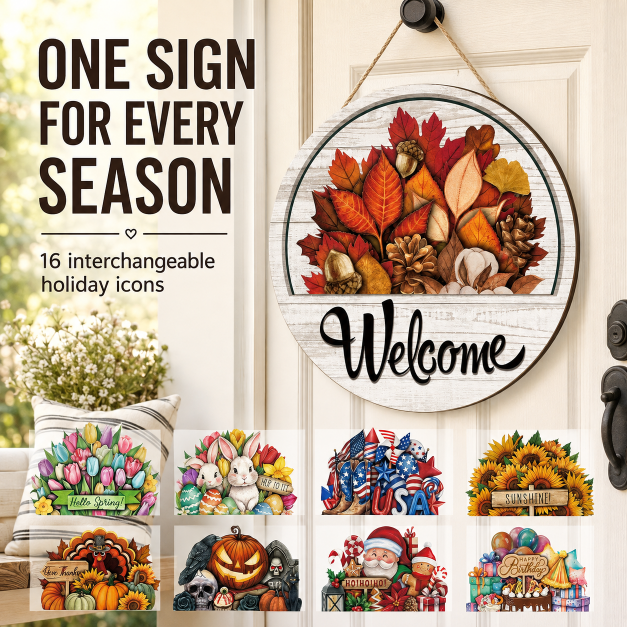 🔥 LAST DAY 50% OFF — 🏡16-Piece Interchangeable Welcome Sign for Front Door ✨ Seasonal Decor for Every Occasion🌸