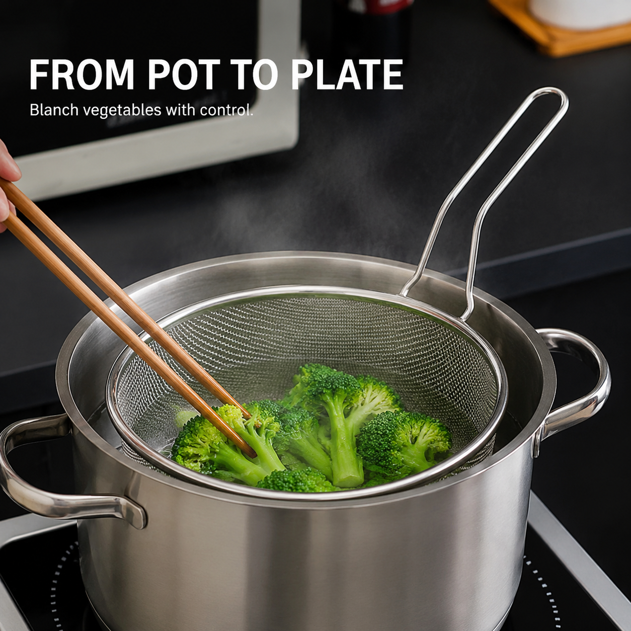 🥘 Fine-Mesh Strainer – Rinse · Strain · Blanch · Drain