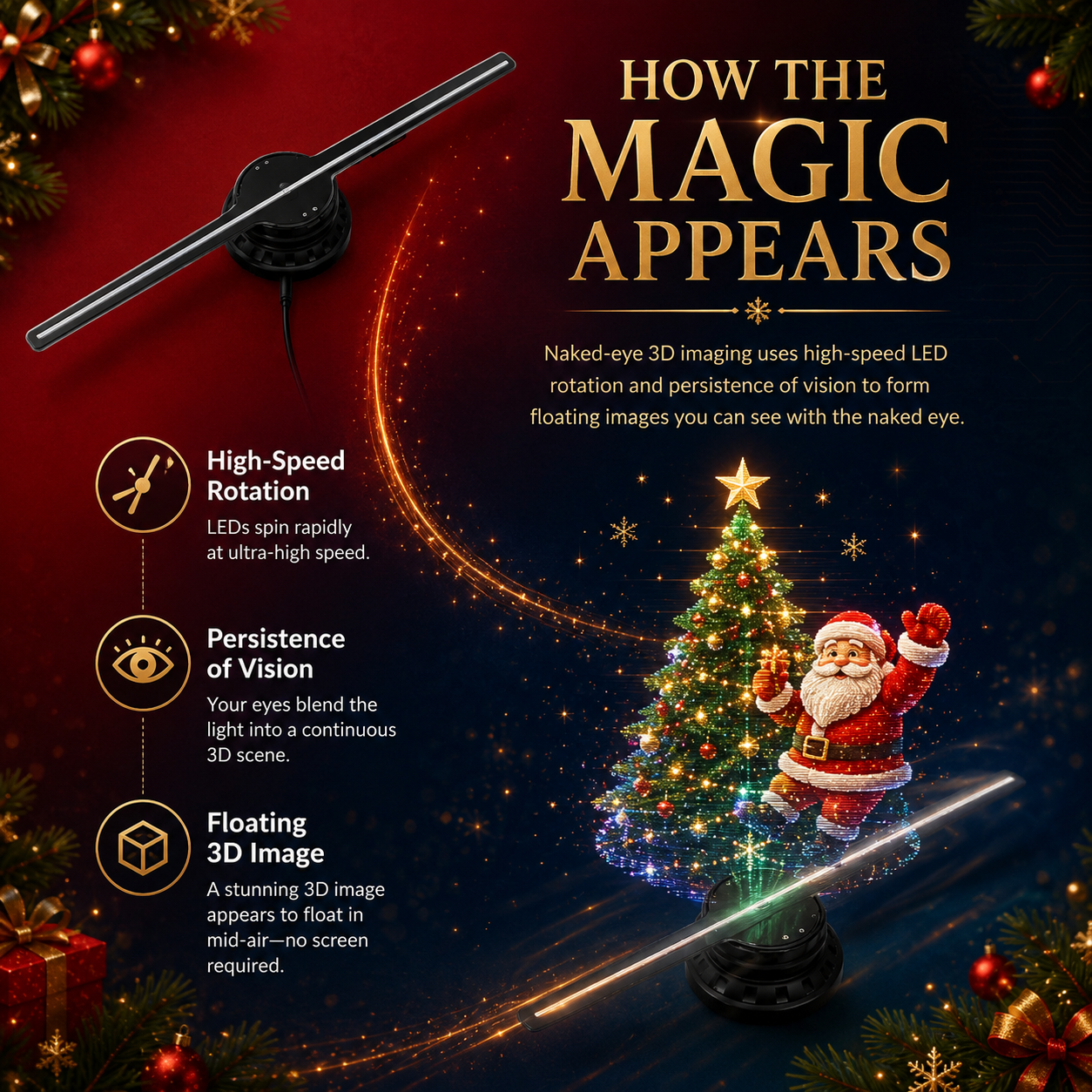 🎅 50% OFF 43cm Naked-Eye 3D Christmas Holographic Display ✨ Floating Holiday Visuals