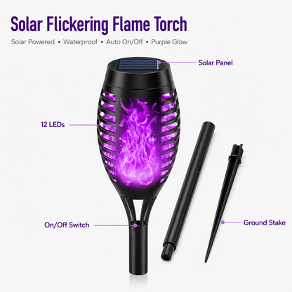 6-Pack Solar Halloween Torch Lights：Purple Flickering Flame, Waterproof Yard Pathway Patio Decor