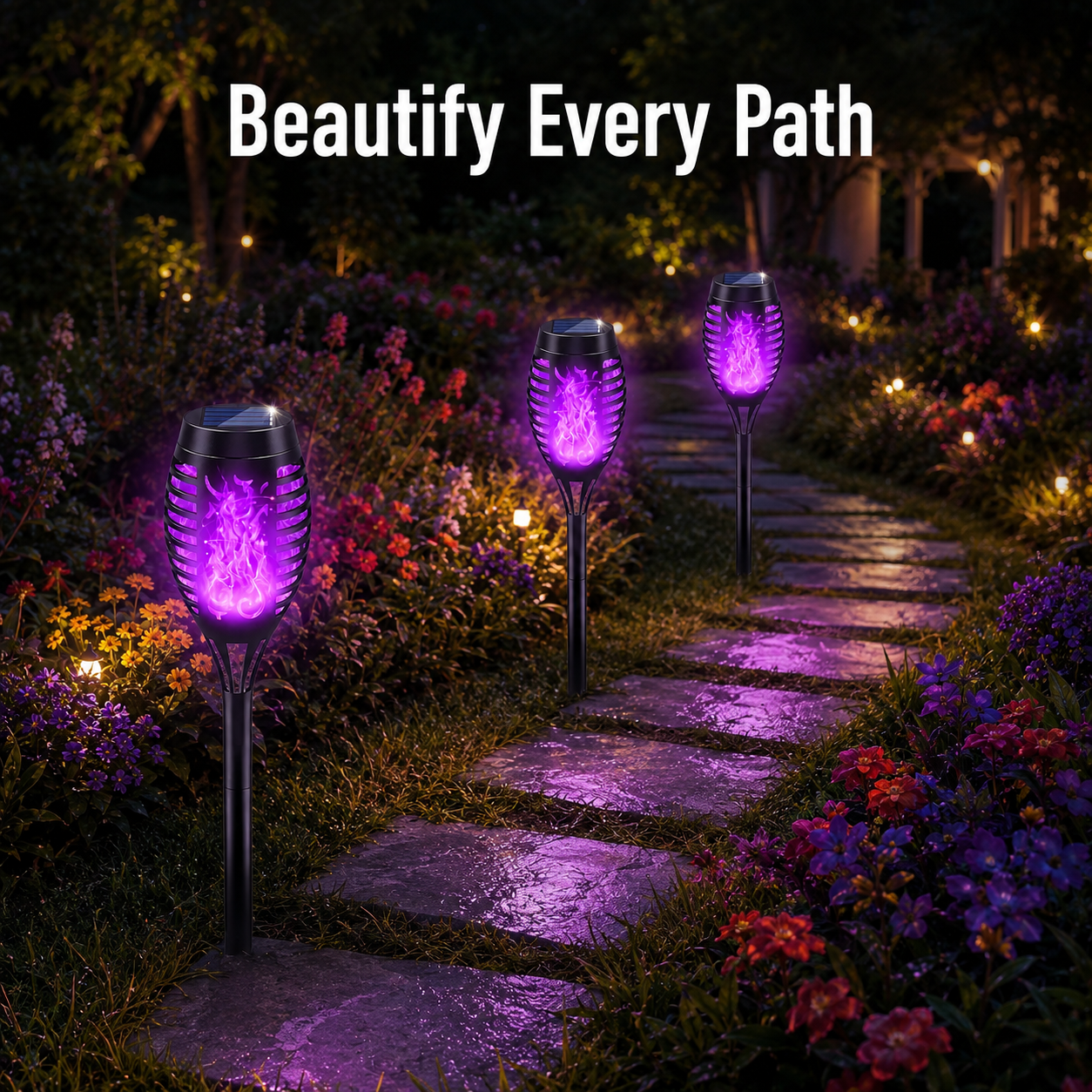 6-Pack Solar Halloween Torch Lights：Purple Flickering Flame, Waterproof Yard Pathway Patio Decor