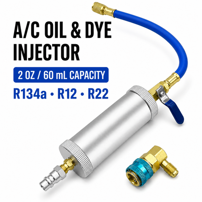 Air conditioning oil dye injector - with 1/4-inch SAE male and female connectors, suitable for R134a, R12, and R22 refrigerant systems.