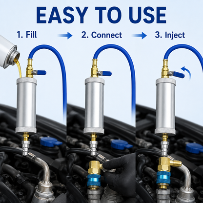 Air conditioning oil dye injector - with 1/4-inch SAE male and female connectors, suitable for R134a, R12, and R22 refrigerant systems.