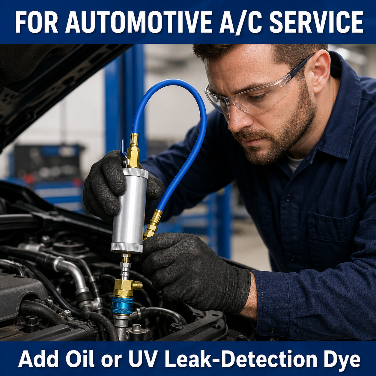 Air conditioning oil dye injector - with 1/4-inch SAE male and female connectors, suitable for R134a, R12, and R22 refrigerant systems.