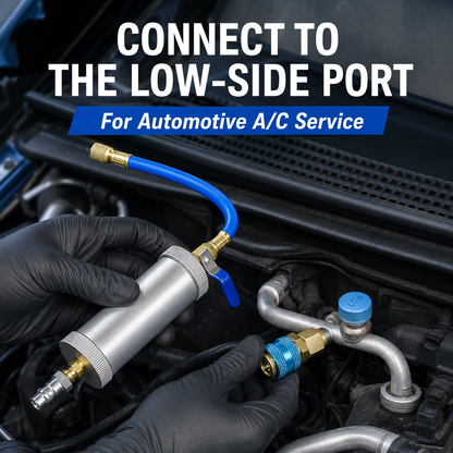 Air conditioning oil dye injector - with 1/4-inch SAE male and female connectors, suitable for R134a, R12, and R22 refrigerant systems.