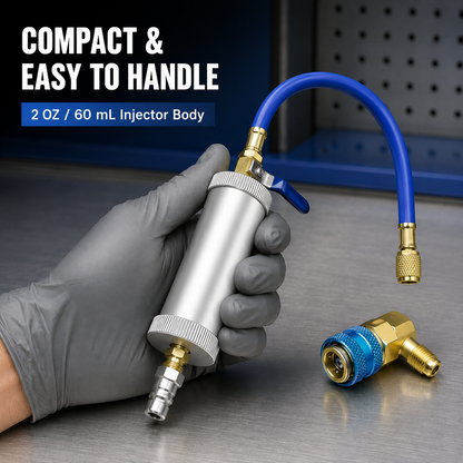 Air conditioning oil dye injector - with 1/4-inch SAE male and female connectors, suitable for R134a, R12, and R22 refrigerant systems.