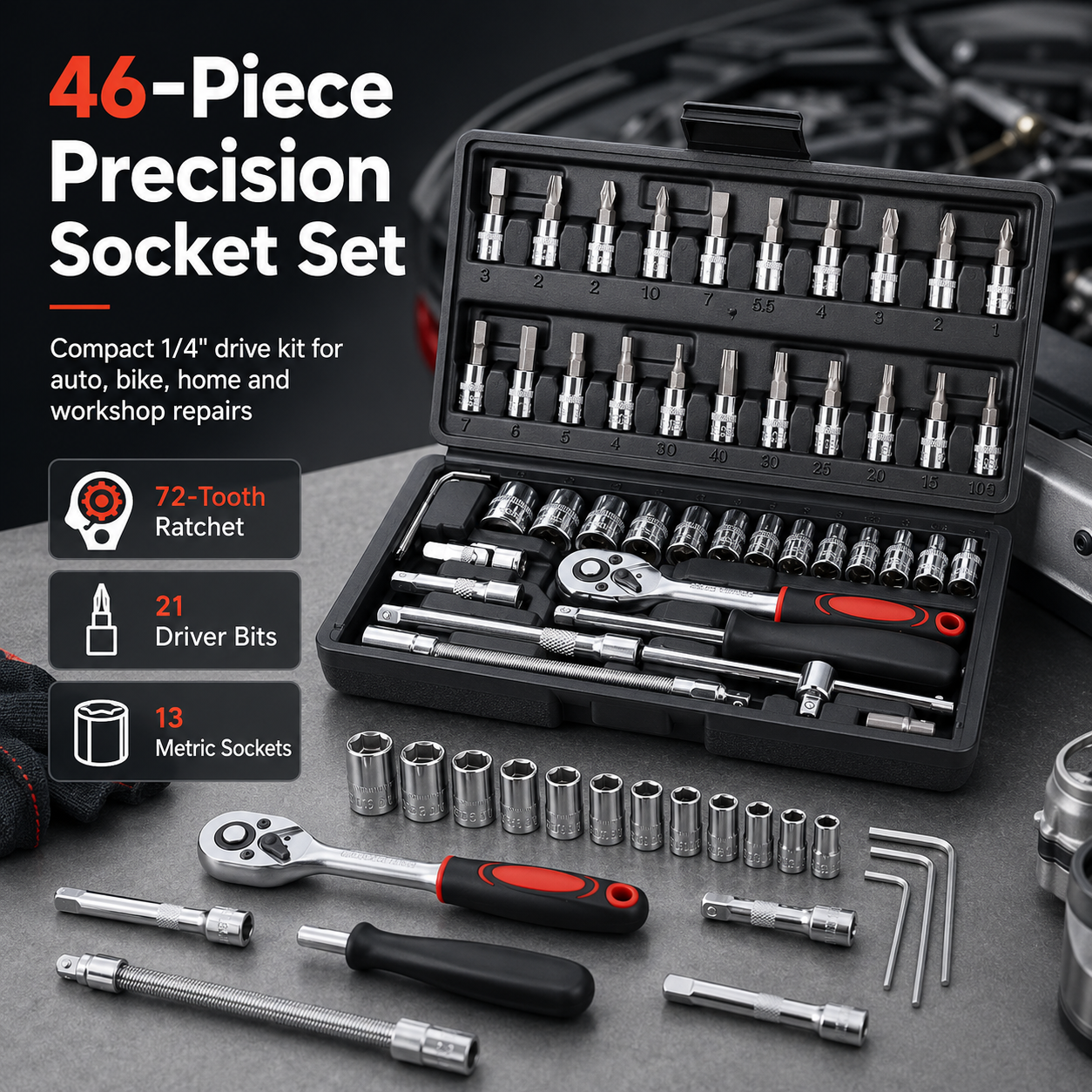 🔧 46-Piece Precision Socket Set – Compact 1/4" Drive Kit