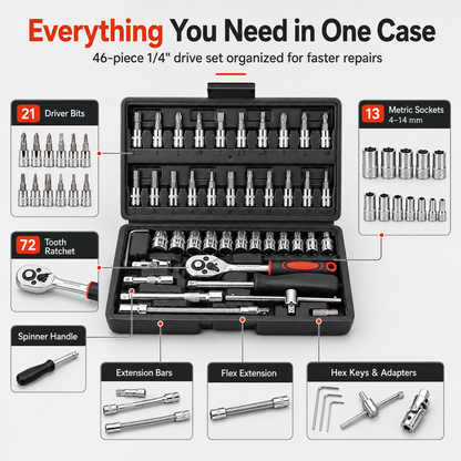 🔧 46-Piece Precision Socket Set – Compact 1/4" Drive Kit
