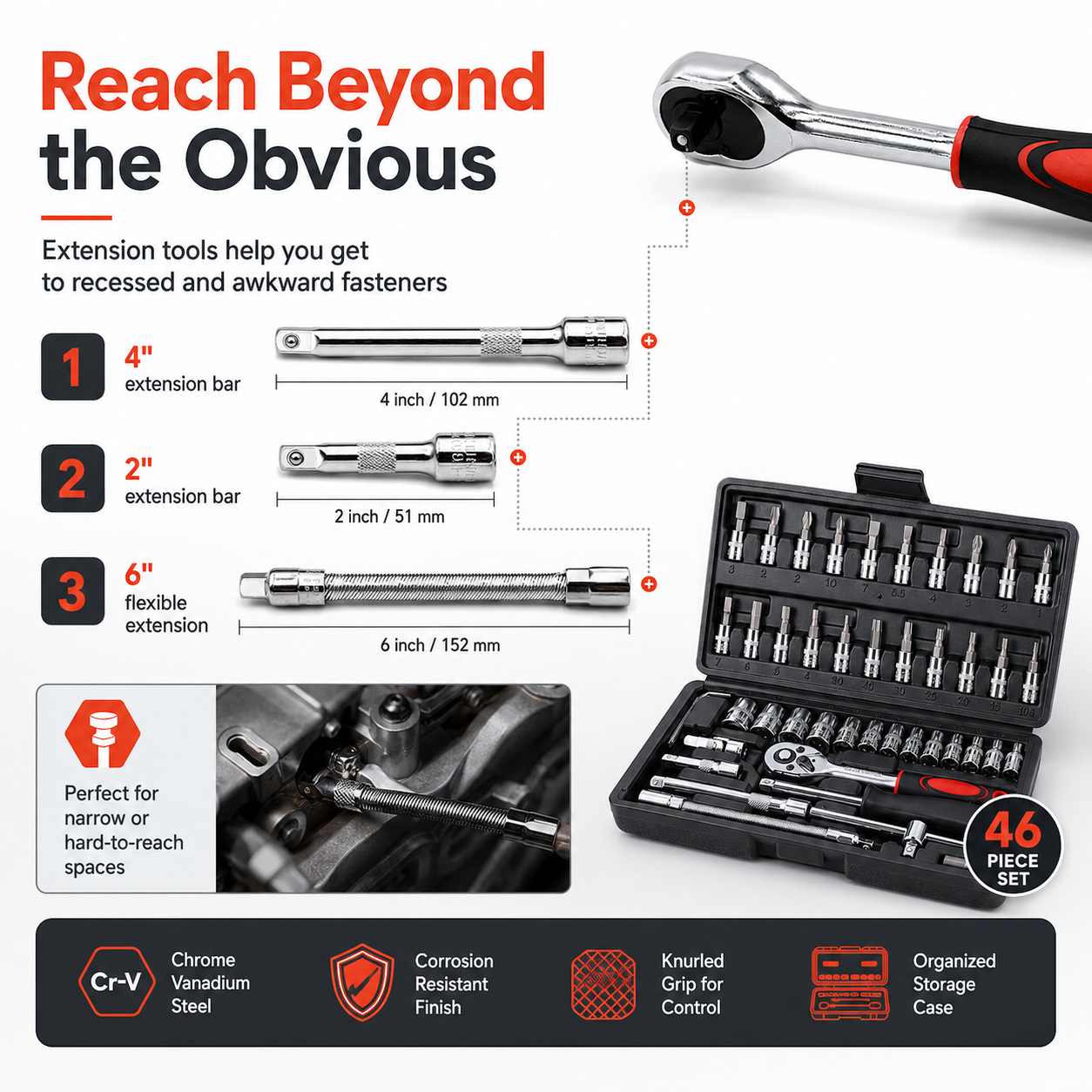 🔧 46-Piece Precision Socket Set – Compact 1/4" Drive Kit