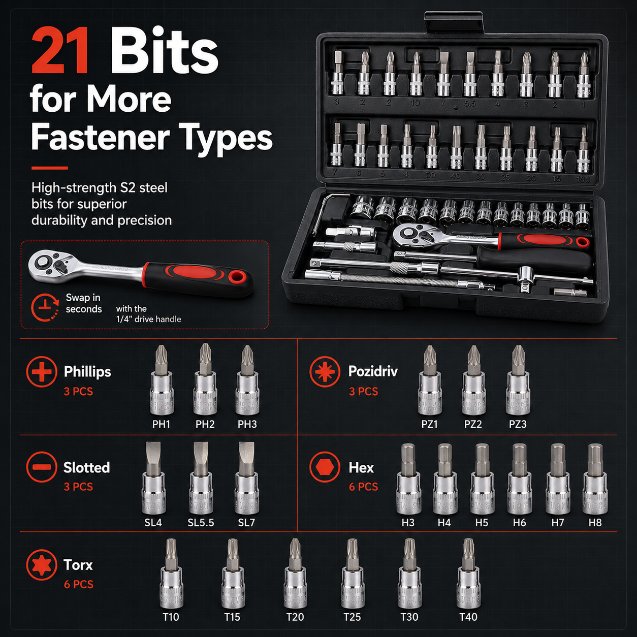 🔧 46-Piece Precision Socket Set – Compact 1/4" Drive Kit