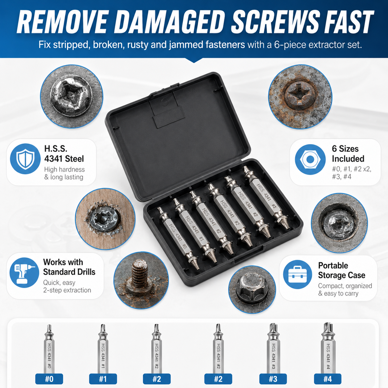 🔧 6-Piece Screw Extractor Set – Remove Damaged Screws Fast