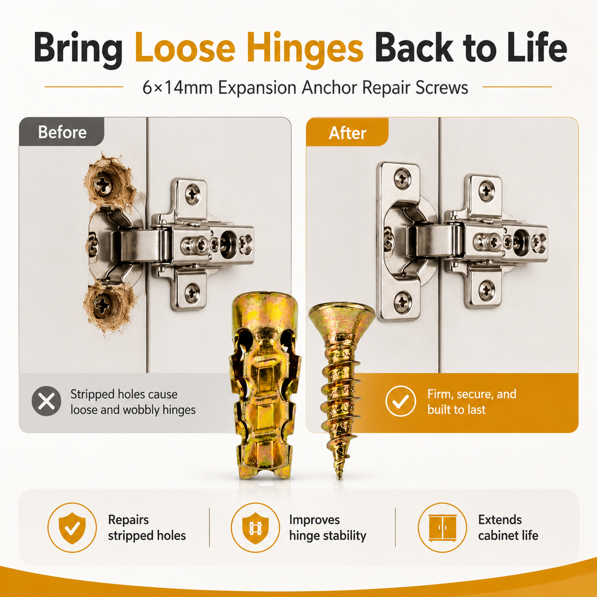 🔩 6×14mm Short Expansion Screw Set for Cabinet Hinge Repair & Stripped Thread Restoration