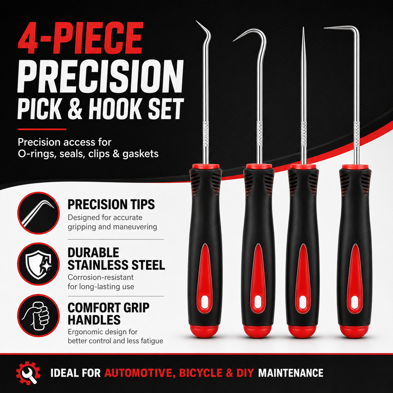 🔧 4-Piece Precision Pick &amp; Hook Set – Precision Access for O-Rings, Seals, Clips &amp; Gaskets