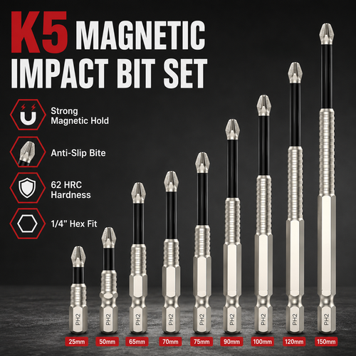 🔩 K5 Magnetic Impact Bit Set – PH2 x 9 Lengths, 25–150mm