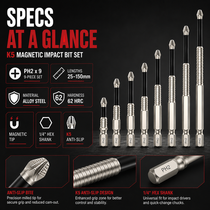 🔩 K5 Magnetic Impact Bit Set – PH2 x 9 Lengths, 25–150mm
