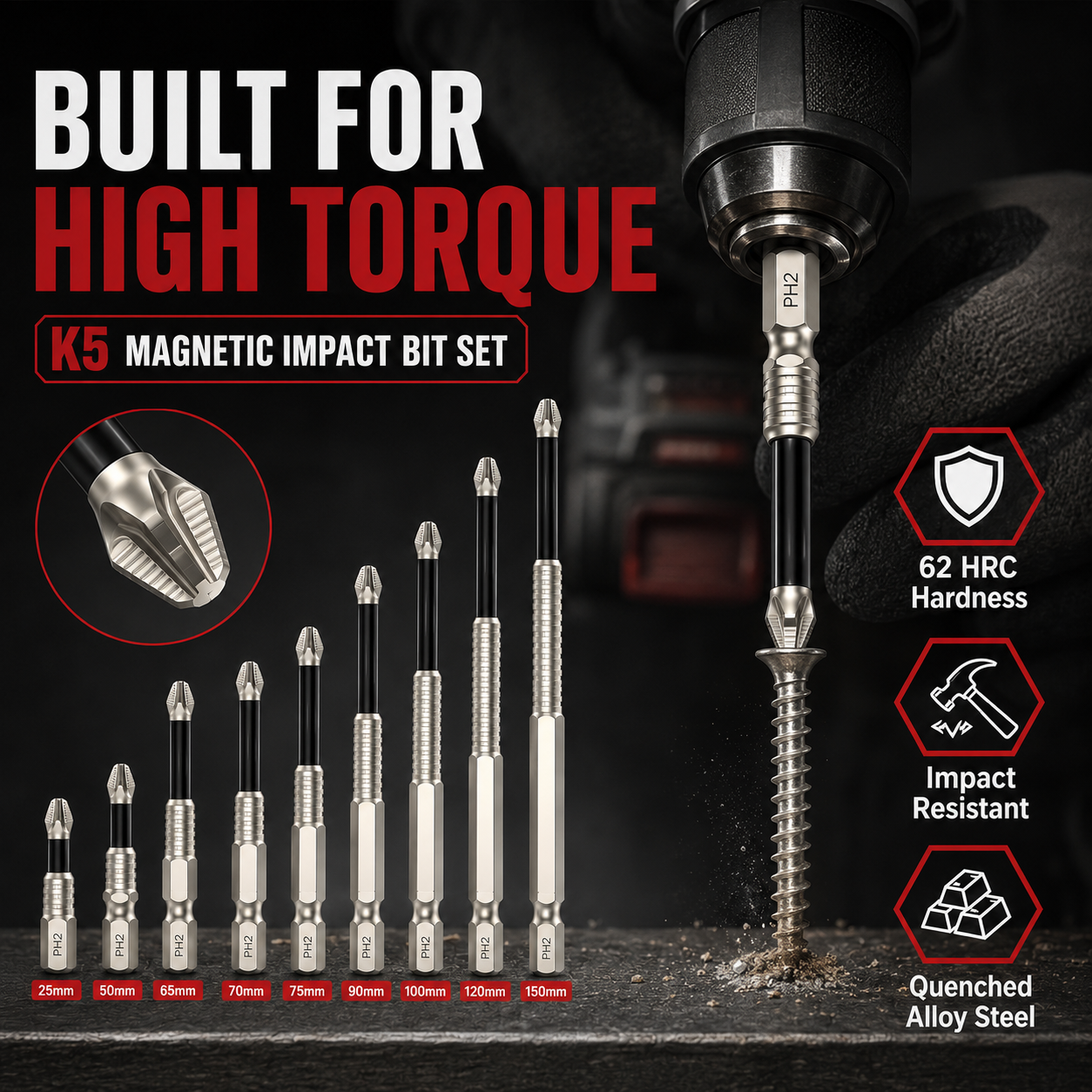 🔩 K5 Magnetic Impact Bit Set – PH2 x 9 Lengths, 25–150mm