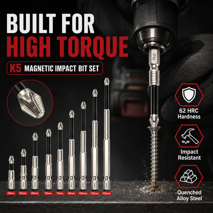 🔩 K5 Magnetic Impact Bit Set – PH2 x 9 Lengths, 25–150mm