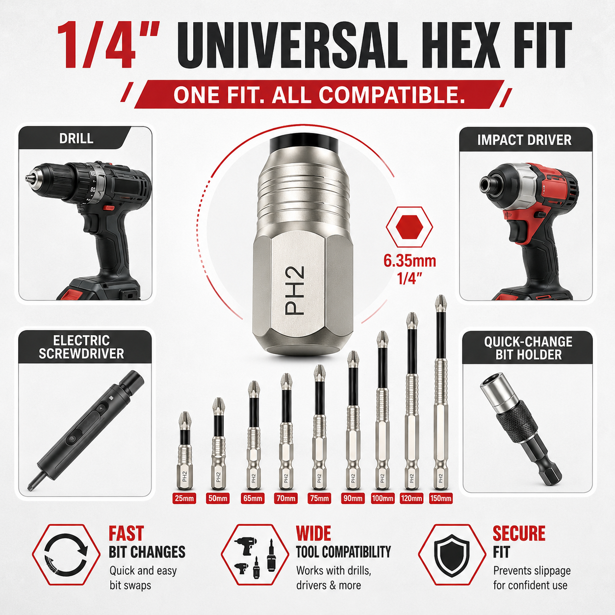 🔩 K5 Magnetic Impact Bit Set – PH2 x 9 Lengths, 25–150mm