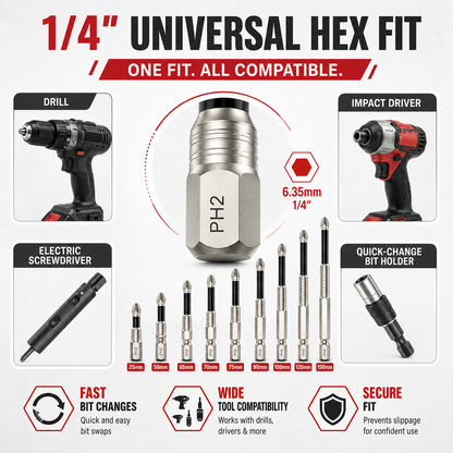 🔩 K5 Magnetic Impact Bit Set – PH2 x 9 Lengths, 25–150mm