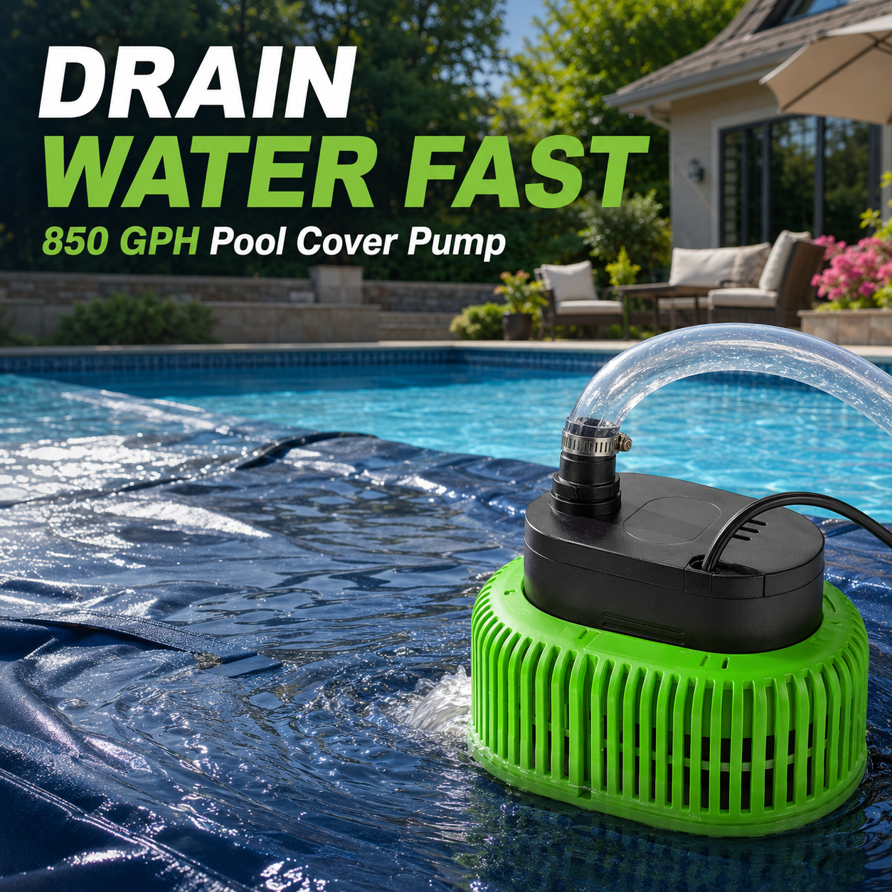 Above Ground Pool Cover Pump with 16FT Hose & 4 Universal Adapters