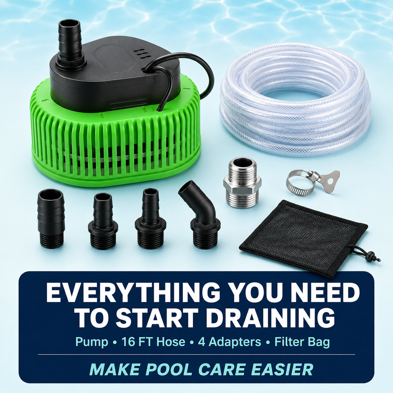 Above Ground Pool Cover Pump with 16FT Hose & 4 Universal Adapters