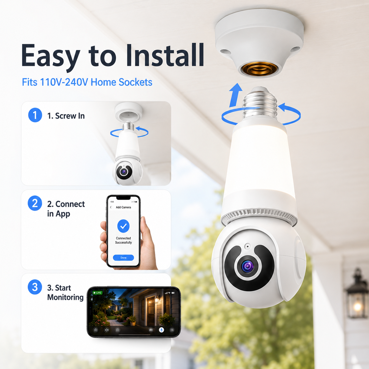 🚨 2K WiFi Light Bulb Security Camera with Motion Tracking – Wireless 360° Home Surveillance System with Night Vision & Two-Way Audio