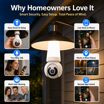 🚨 2K WiFi Light Bulb Security Camera with Motion Tracking – Wireless 360° Home Surveillance System with Night Vision & Two-Way Audio