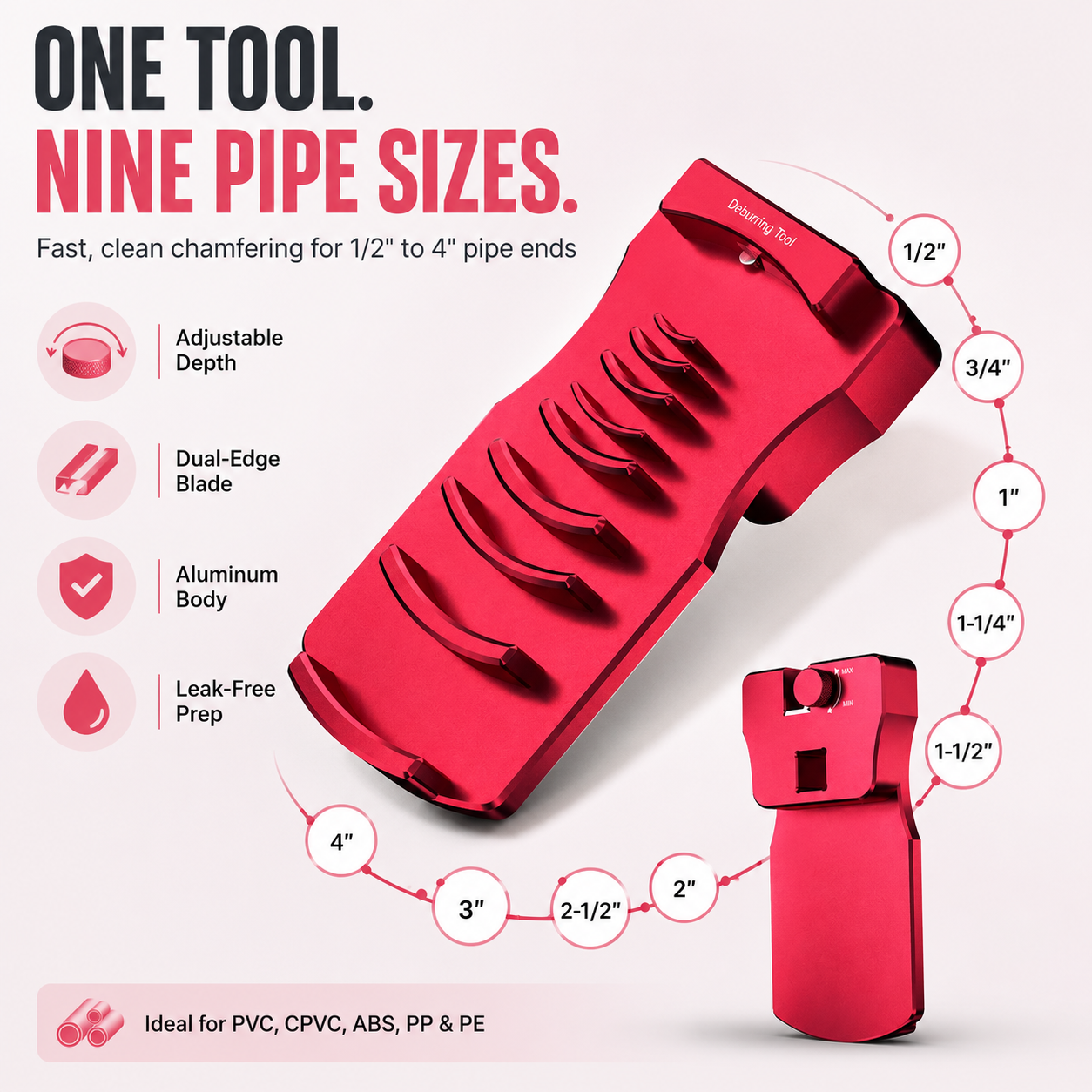 🔧 Adjustable Pipe Chamfer Tool – One Tool. Nine Pipe Sizes.