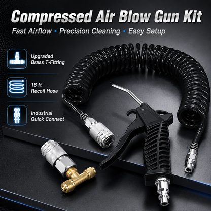💨 High Flow Air Blow Gun Kit with 16FT Coiled PU Hose & Brass T-Fitting