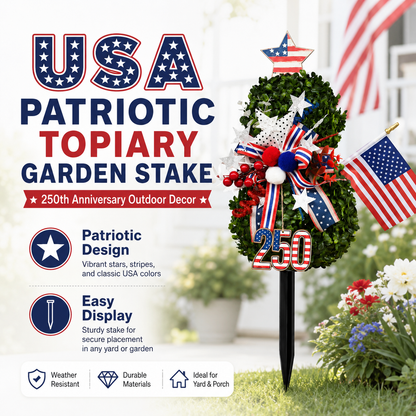 USA 250th Anniversary Patriotic Topiary Garden Stake, Red White Blue Yard Decor for 4th of July, Memorial Day & Independence Day