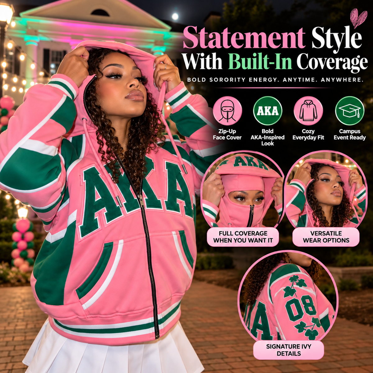 💚 50% OFF Pink & Green Sorority-Inspired Hoodie – Bold Varsity Style & Cozy Zip-Up Fit 💗