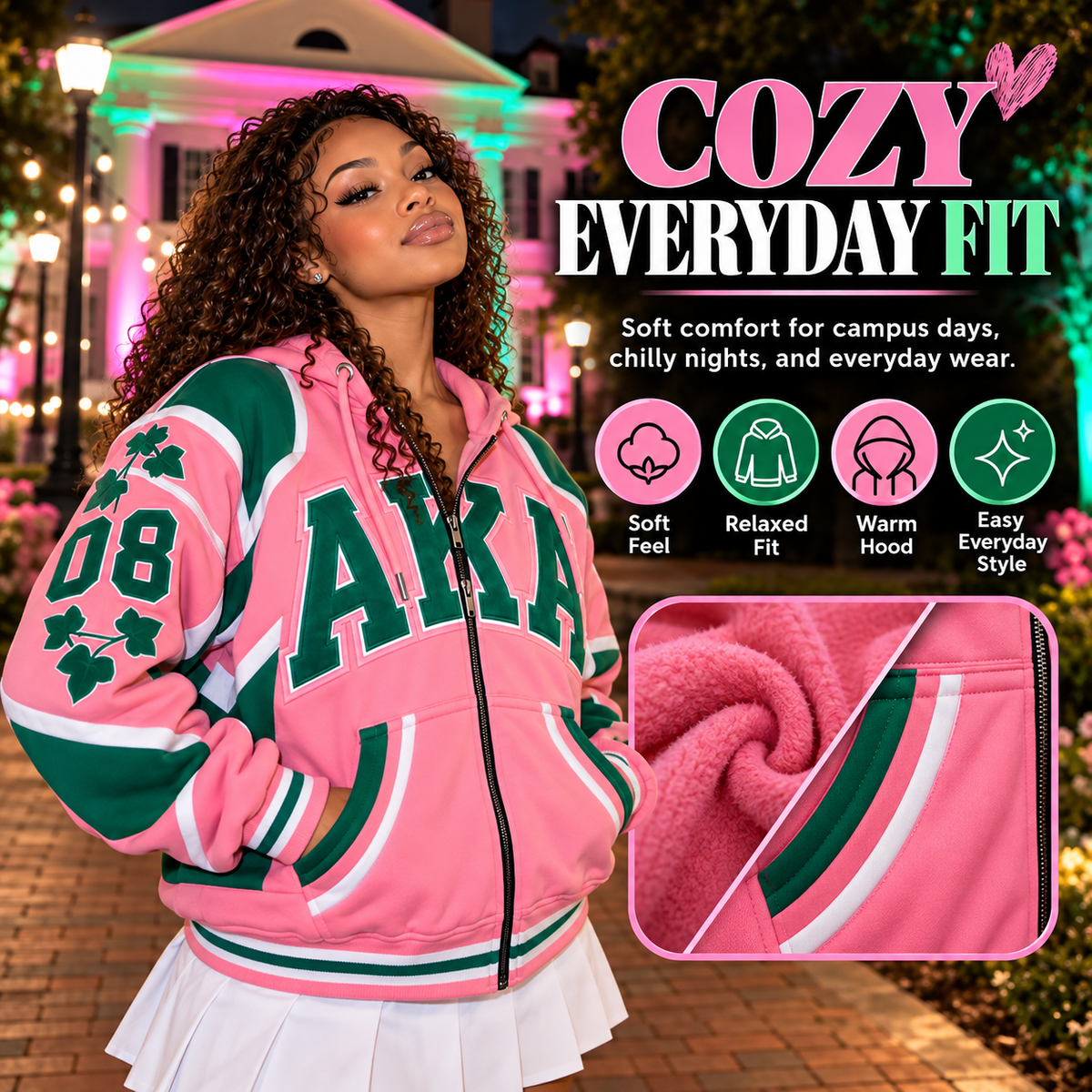 💚 50% OFF Pink & Green Sorority-Inspired Hoodie – Bold Varsity Style & Cozy Zip-Up Fit 💗