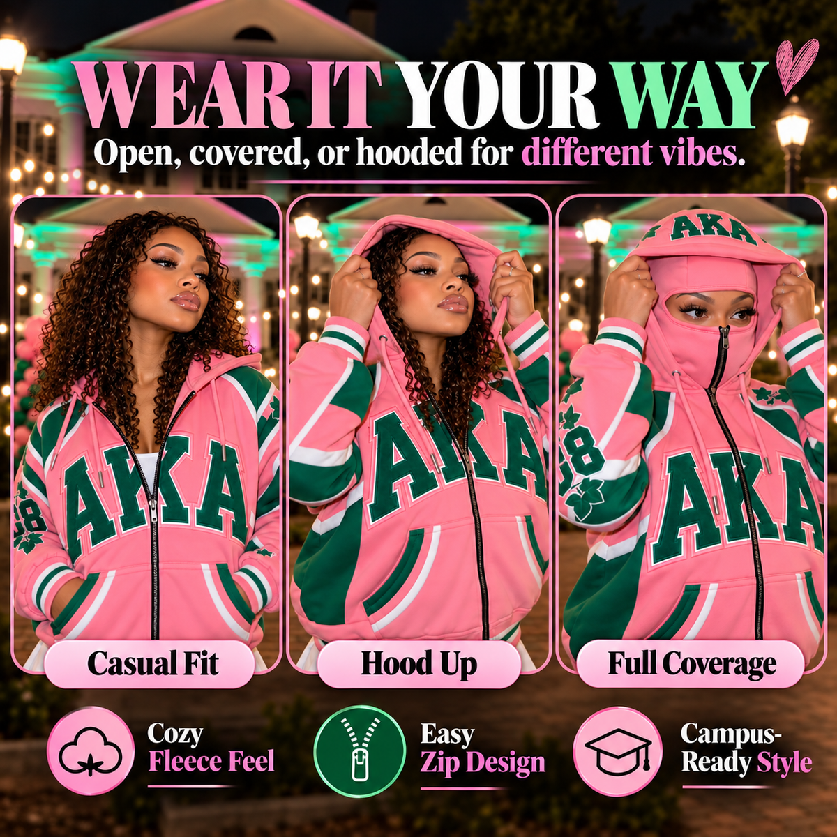 💚 50% OFF Pink & Green Sorority-Inspired Hoodie – Bold Varsity Style & Cozy Zip-Up Fit 💗