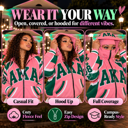 💚 50% OFF Pink & Green Sorority-Inspired Hoodie – Bold Varsity Style & Cozy Zip-Up Fit 💗