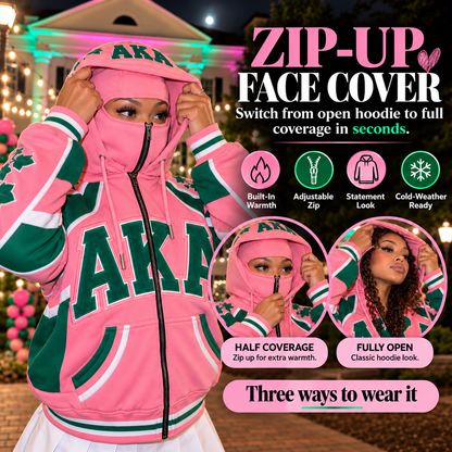 💚 50% OFF Pink & Green Sorority-Inspired Hoodie – Bold Varsity Style & Cozy Zip-Up Fit 💗