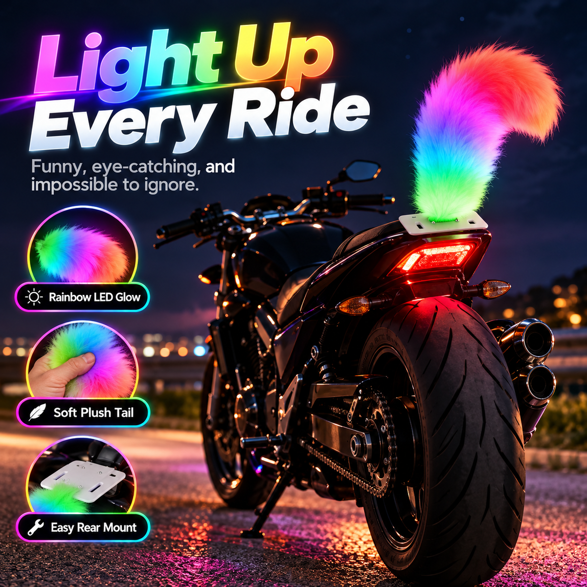 🌈 50% OFF Rainbow LED Motorcycle Tail – Plush Glow Accent for a Bold Night Ride 🏍️