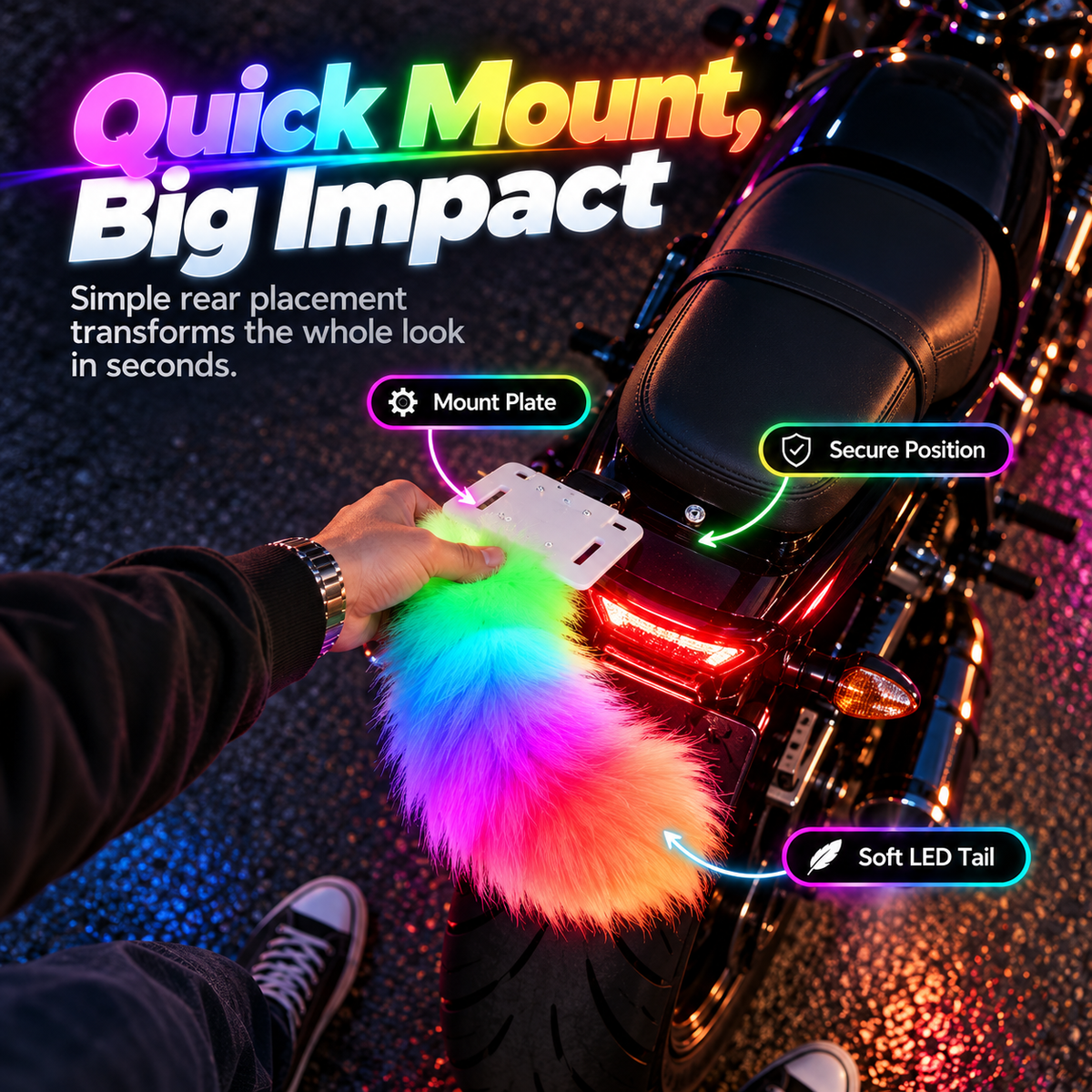 🌈 50% OFF Rainbow LED Motorcycle Tail – Plush Glow Accent for a Bold Night Ride 🏍️
