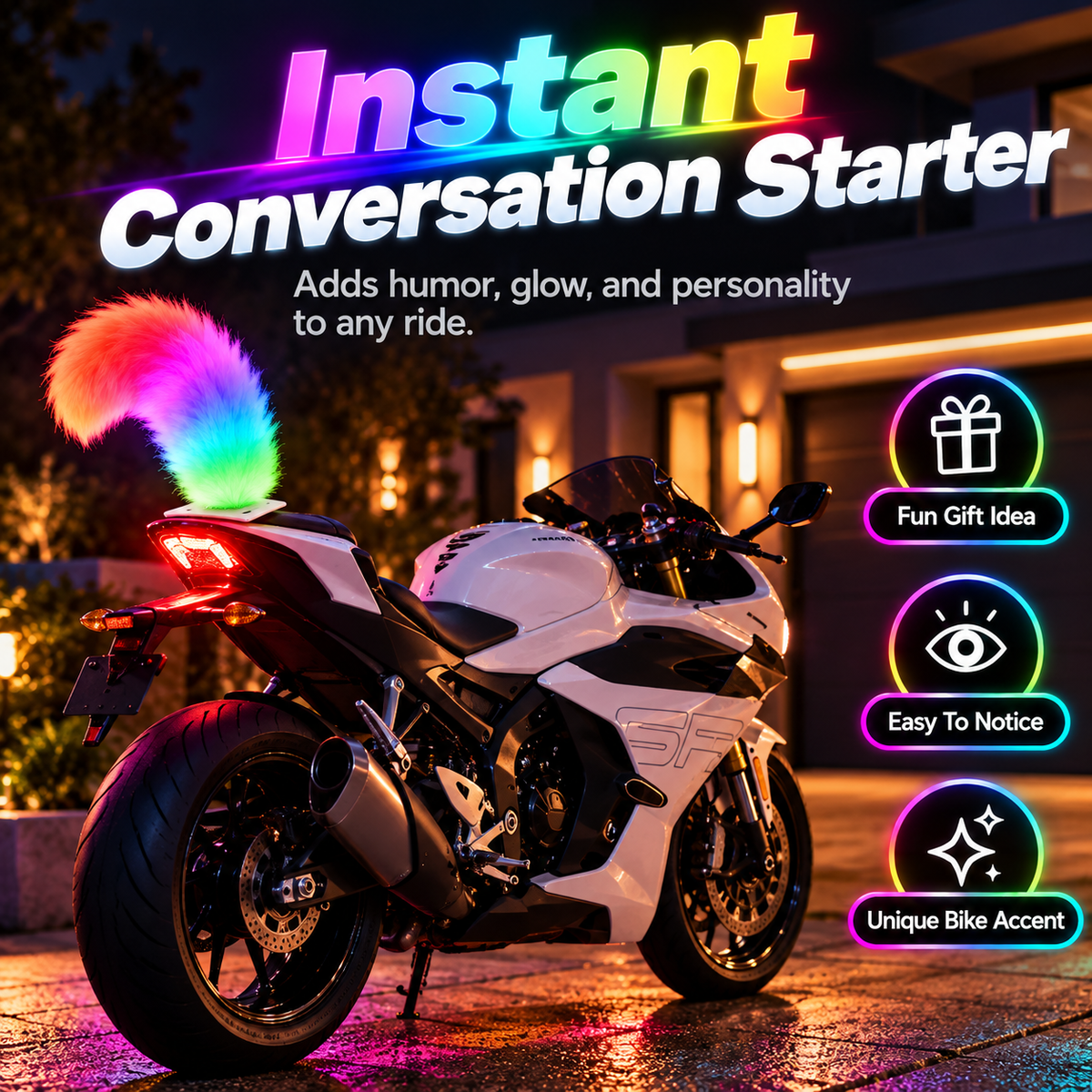 🌈 50% OFF Rainbow LED Motorcycle Tail – Plush Glow Accent for a Bold Night Ride 🏍️