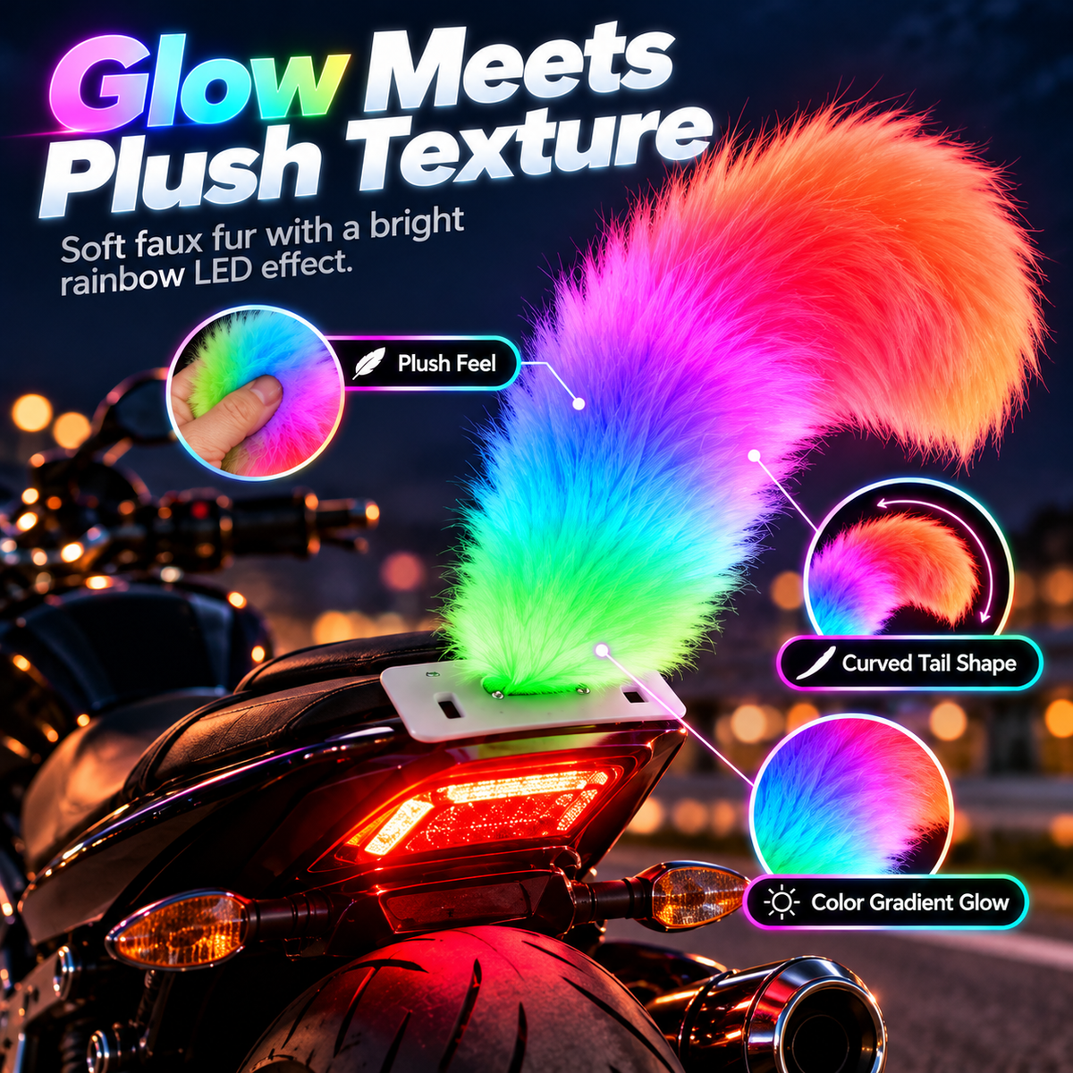 🌈 50% OFF Rainbow LED Motorcycle Tail – Plush Glow Accent for a Bold Night Ride 🏍️
